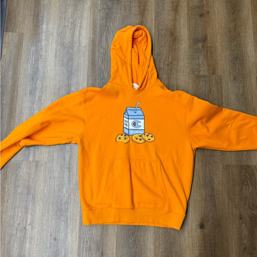 Champion Orange Hoodie with Milk and Cookies Graphic